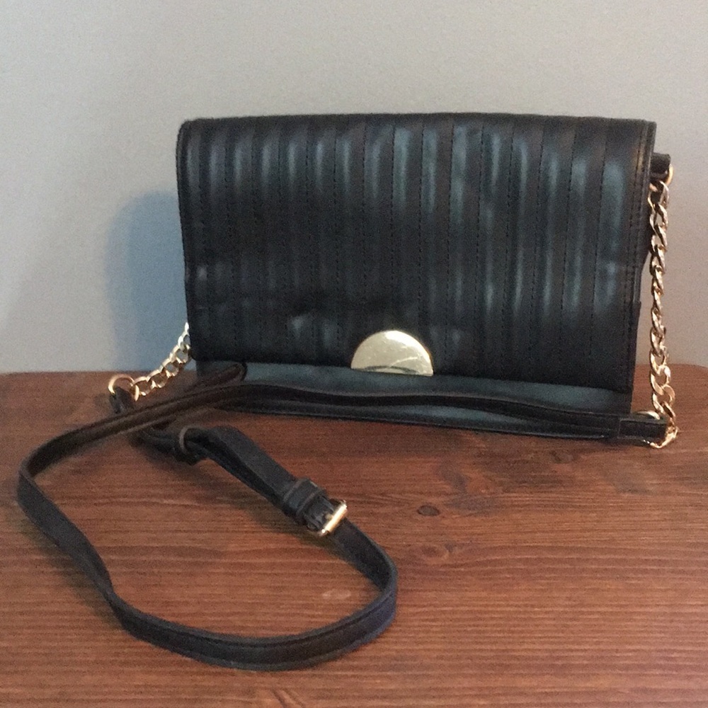 A New Day Adjustable Strap Faux Leather Small Crossbody Purse in Black and Gold
